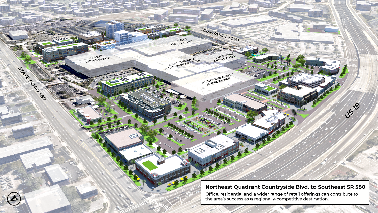 An illustration of a redevelopment scenario for the Countryside Mall property along US 19.