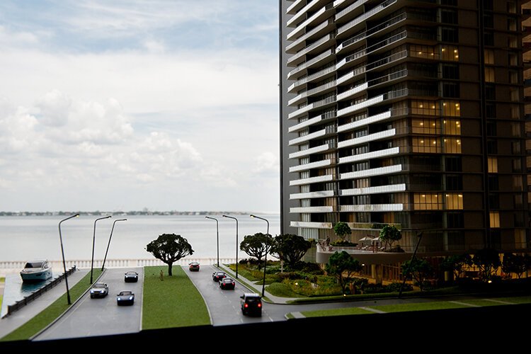 A view of a model showing what the Residences by Ritz Carlton should look like at completion some time in 2024. The road in front depicts Bayshore Boulevard looking south.