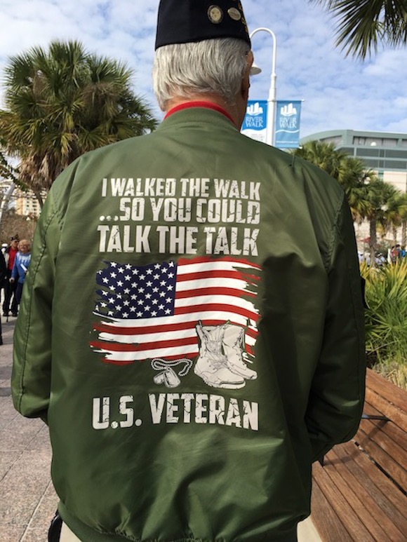 A veteran's jacket honors military service.