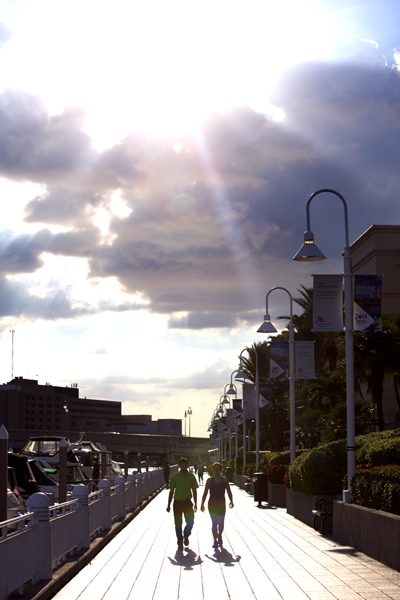 Strolling the Tampa Riverwalk.