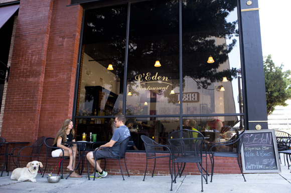 Andrea Dankic and Mike Simons enjoy Saturday morning breakfast at Le' Eden with dog Bella.