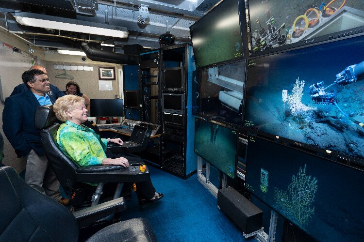 USF President Rhea Law on board the Western Flyer.