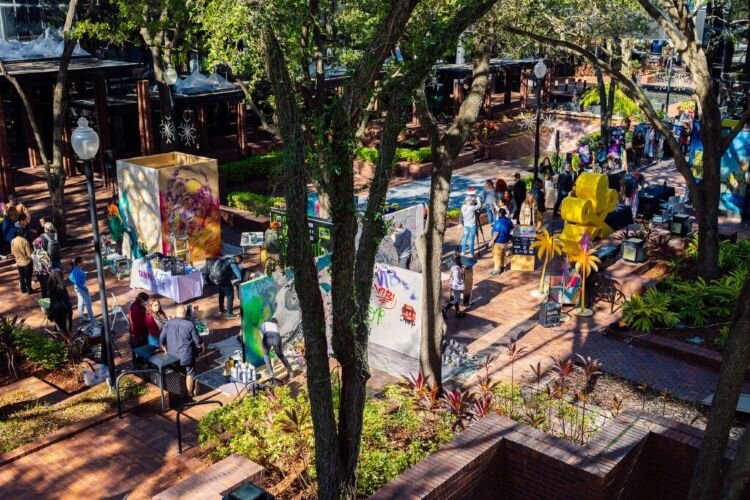A December 2023 arts pop-up at Poe Plaza put on by the Tampa Arts Alliance and Visit Tampa Bay