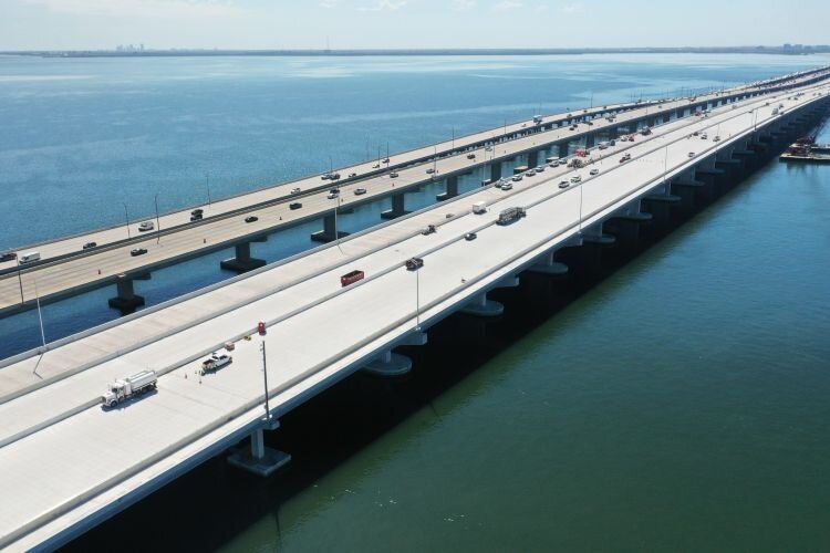 The new Howard Frankland Bridge span, shown here late in construction, opened to traffic on March 25th.