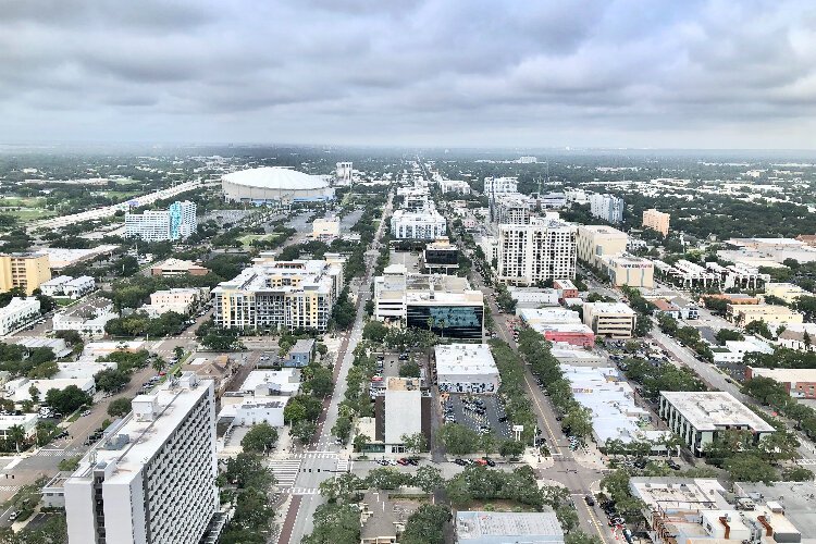 The view looking west from a 38th-floor balcony at The Residences at 400 Central.