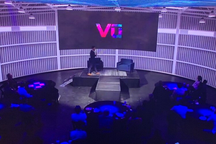 Diamond View Founder and CEO Tim Moore speaks during the Tampa !p 2021 State of Uptown event, which took place in his innovative film studio.