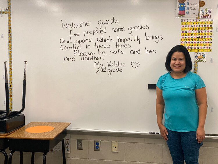Pizzo K8 School teacher Liz Valdez prepared a children's area and a snack station to welcome families that would shelter in her classroom during Hurricane Ian.
