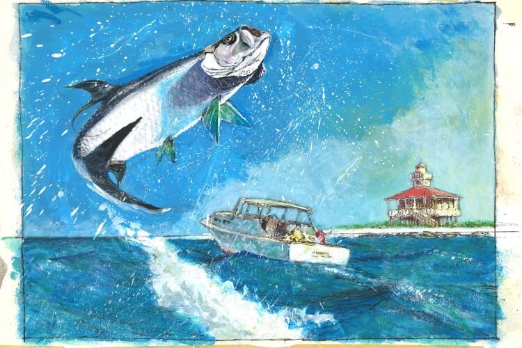 This Lamar Sparkman painting depicts tarpon fishing off Gasparilla Island with the Port Boca Grande Lighthouse in the background. Tampa Bay History Center Collection