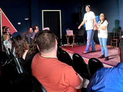 Countdown Improv co-founders Justin Peters and Kelly Buttermore get the crowd laughing as they host  the festival's finale at The Commodore in Ybor.