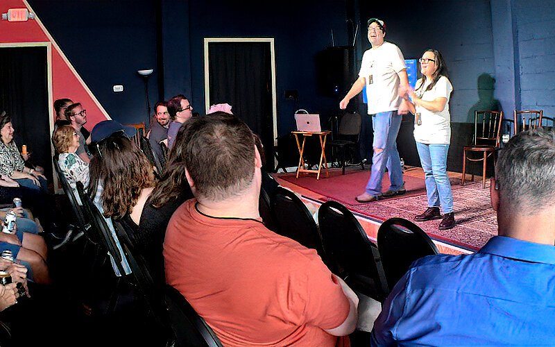 Countdown Improv co-founders Justin Peters and Kelly Buttermore get the crowd laughing as they host  the festival's finale at The Commodore in Ybor.